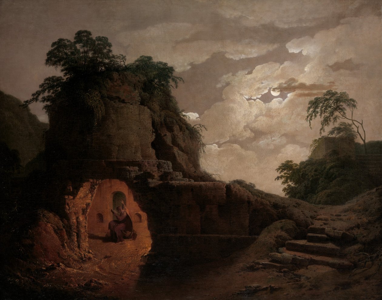 Virgils Grab bei Mondlicht, mit Silius Italicus deklamierend, 1779 von Joseph Wright of Derby