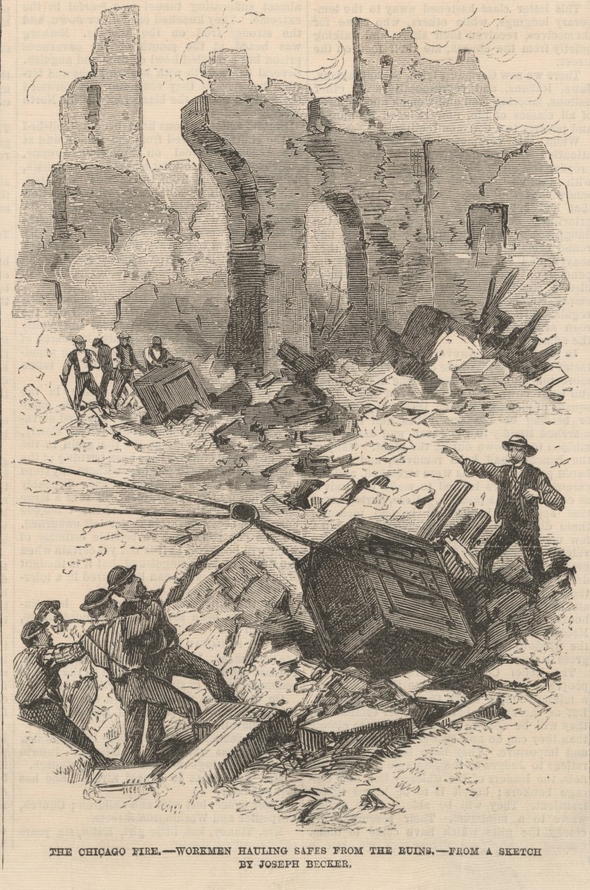 Arbeiter ziehen Tresore aus den Ruinen, Illustration aus Frank Leslies Illustrated Newspaper, 1871 von Joseph after Becker