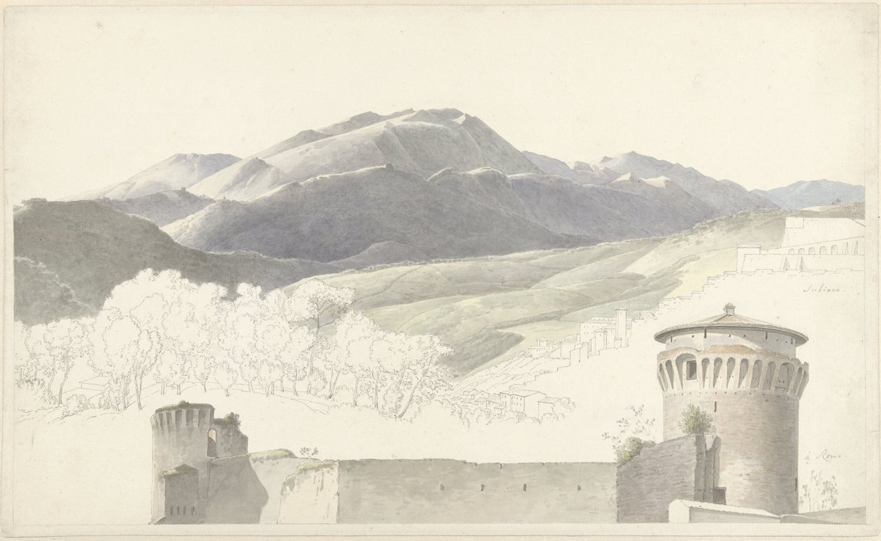 Landschaft bei Subiaco und Bauwerk in Rom von Josephus Augustus Knip
