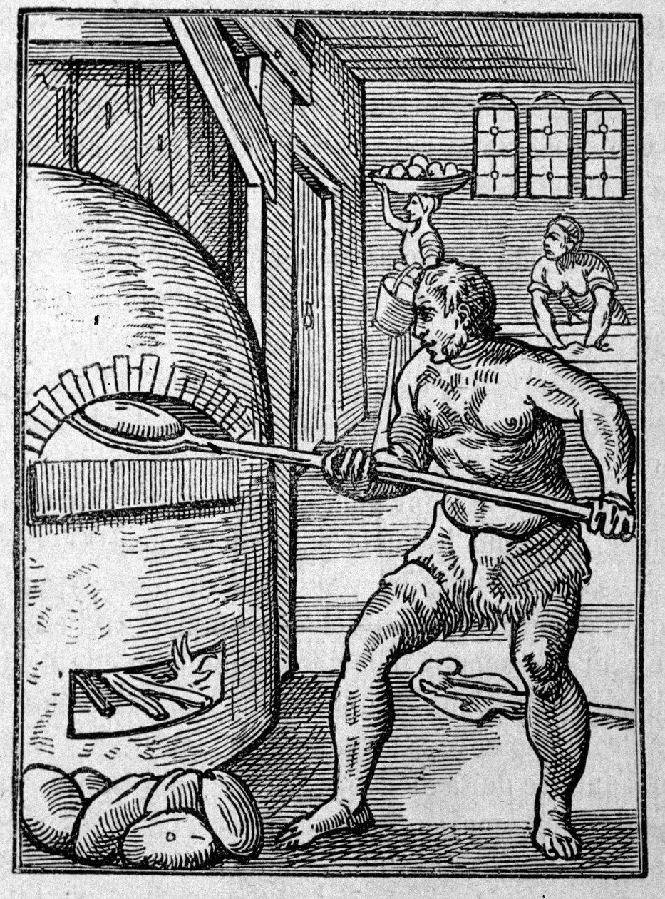 Ein Bäcker, der Brot in einem Ofen backt. Gravur von Jost Amman (1539-1591) 16. Jahrhundert von Jost Amman