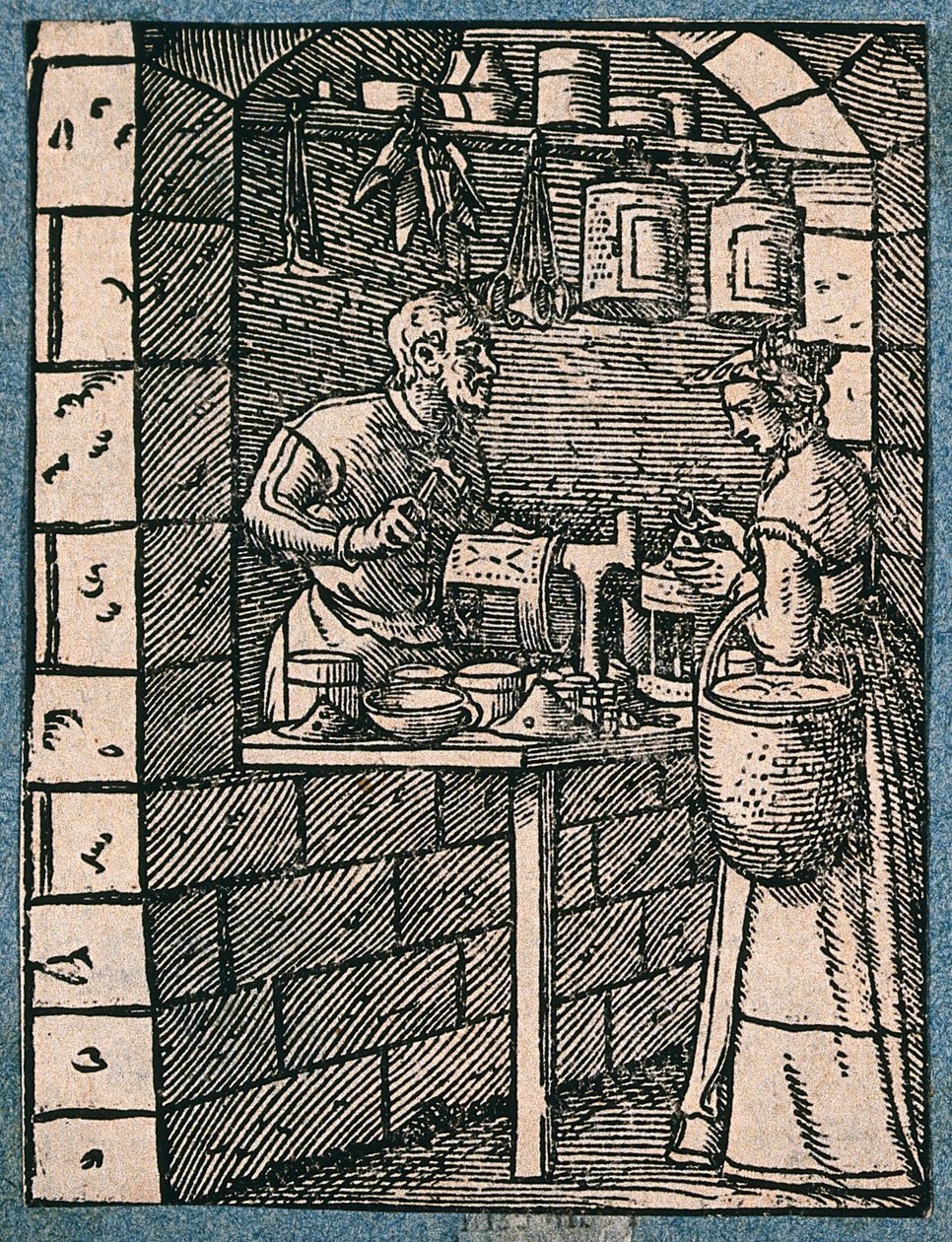 Ein Laternenmacher bei der Arbeit, spricht mit einer Kundin, die eine fertige Laterne inspiziert. Holzschnitt von J. Amman. von Jost Amman