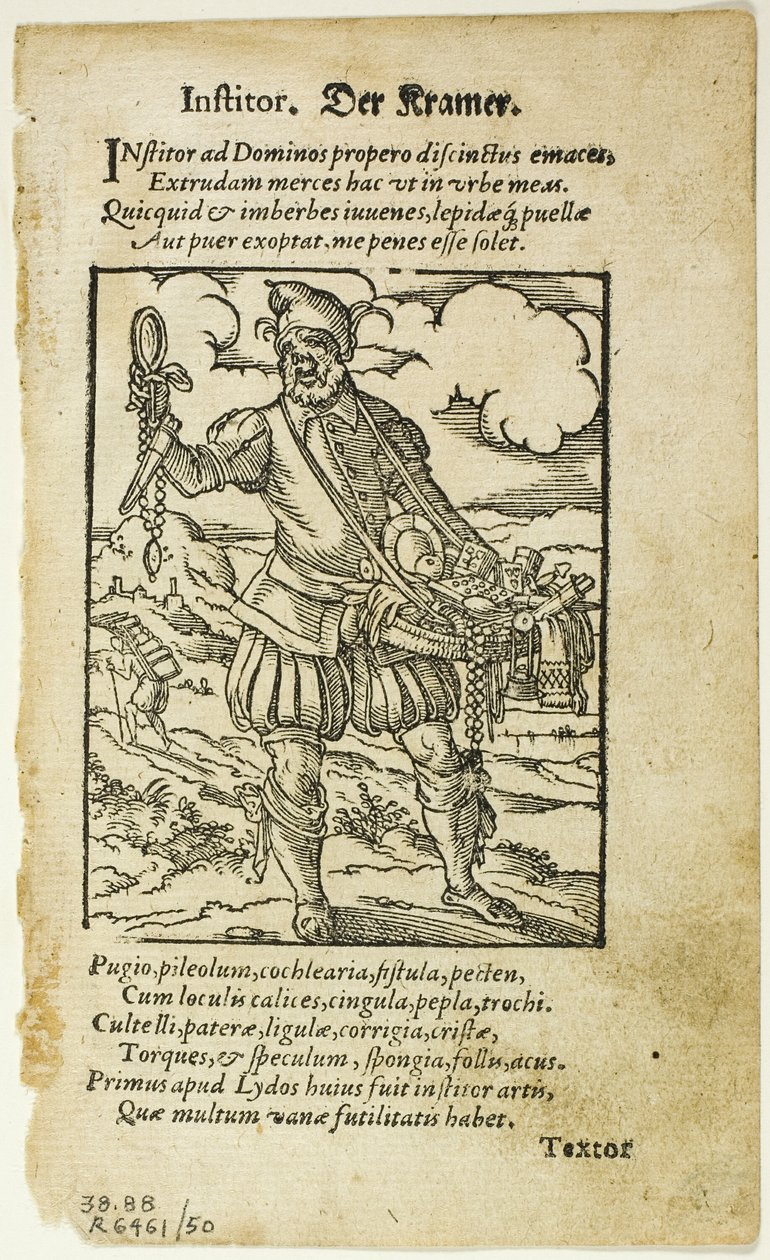 Der Kramer aus De omnibus illiberalibus sive mechanicis artibus von Hartmann Schopper, Platte 50 aus Holzschnitte aus Büchern des XVI. Jahrhunderts von Jost Amman