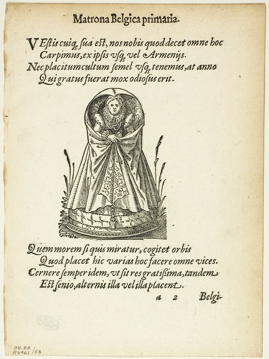 Matrona Belgica primaria (Belgische Matrone ersten Ranges) aus Gynaeceum, sive Theatrum Mulierum, Tafel 53 aus Holzschnitten aus Büchern des XVI. Jahrhunderts von Jost Amman