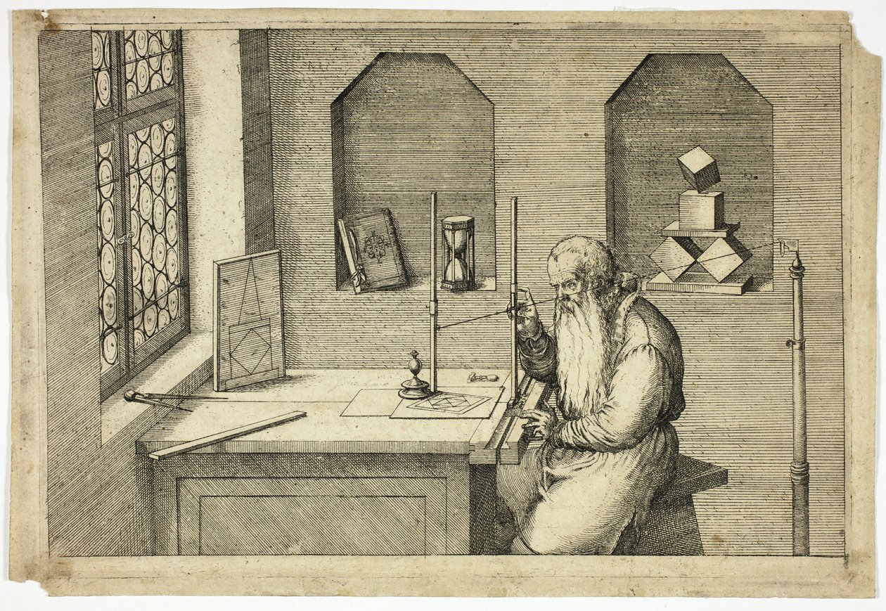 Porträt von Wenzel Jamnitzer in seinem Arbeitszimmer von Jost Amman