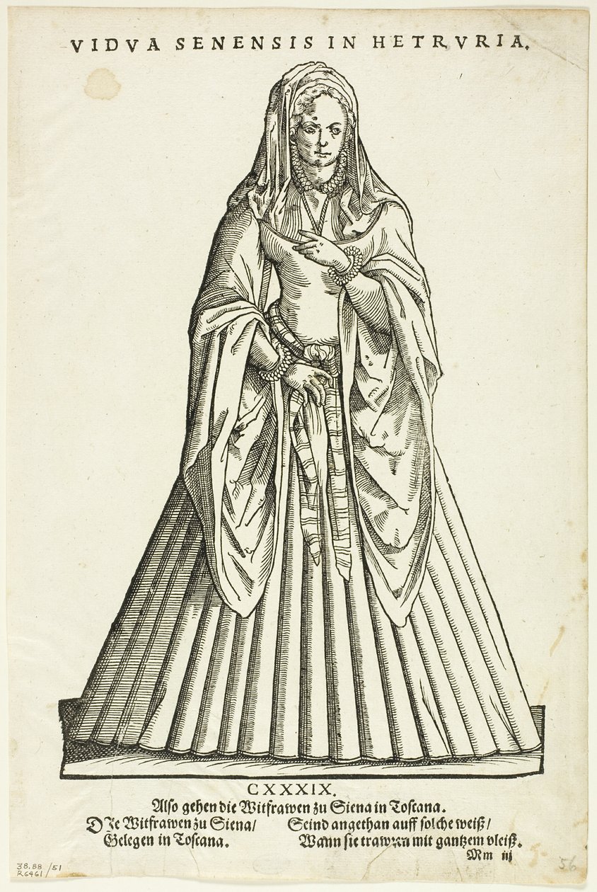 Vidua Senensis in Hetruria (Witwe von Siena in der Toskana) aus H. Weigels Trachtenbuch, Tafel 51 aus Holzschnitten aus Büchern des XVI. Jahrhunderts von Jost Amman