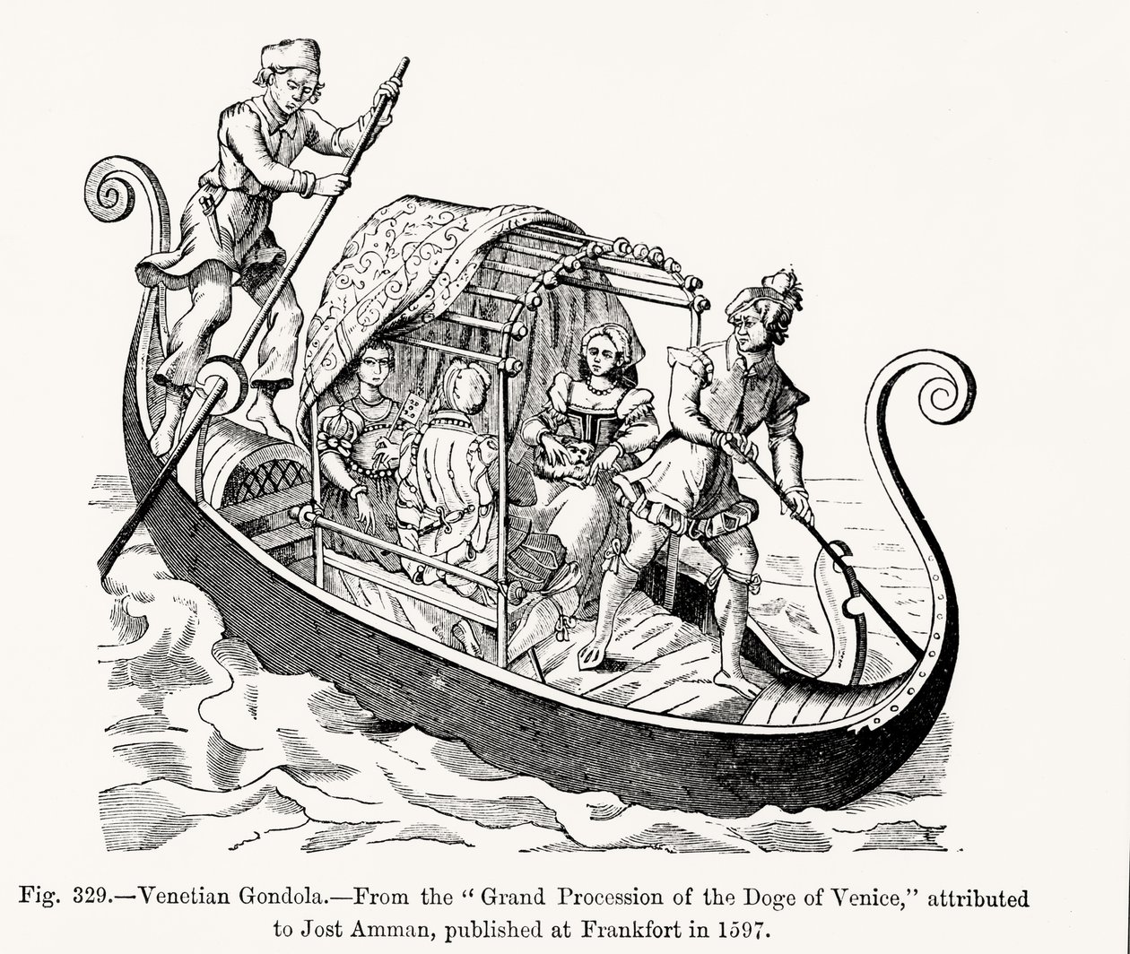 Venezianische Gondel, aus der großen Prozession des Dogen von Venedig, Illustration aus Wissenschaft und Literatur im Mittelalter und der Renaissance, geschrieben und graviert von Paul Lacroix, 1878 von Jost (after) Amman