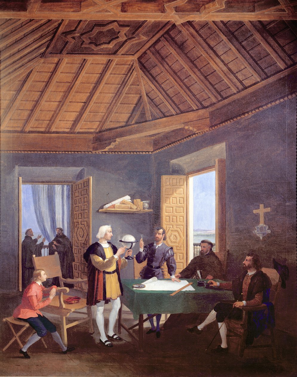Christoph Kolumbus, begleitet von seinem Sohn Diego, erklärt seine Erkundungspläne dem Prior des Franziskanerklosters Santa Maria de la Rabida, dem Arzt Garcia Fernandes und Alonso Pinz von Juan Cabral Bejarano
