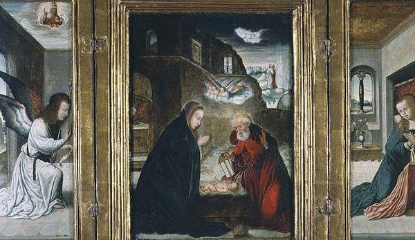 Die Geburt Christi Triptychon mit der Geburt flankiert von der Verkündigung von Juan de (school of) Flandes