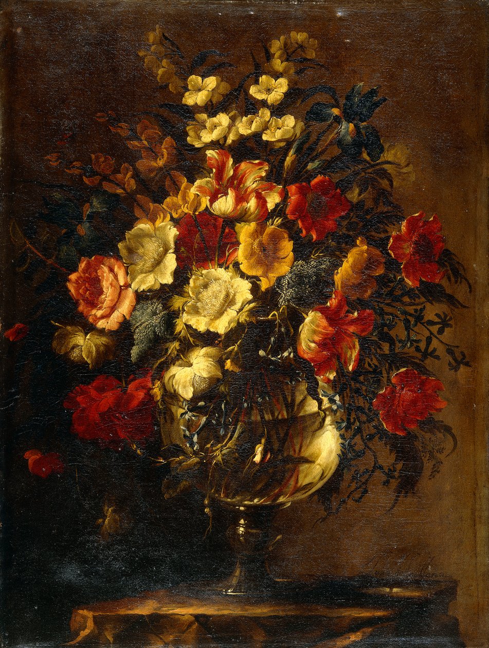 Blumen in einer Glasvase auf einem Felsen von Juan de Arellano