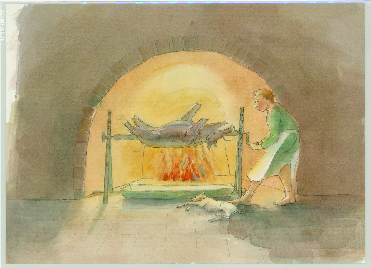 Ein mittelalterlicher Drehspießjunge in der Küche, 2004 von Judith Dobie