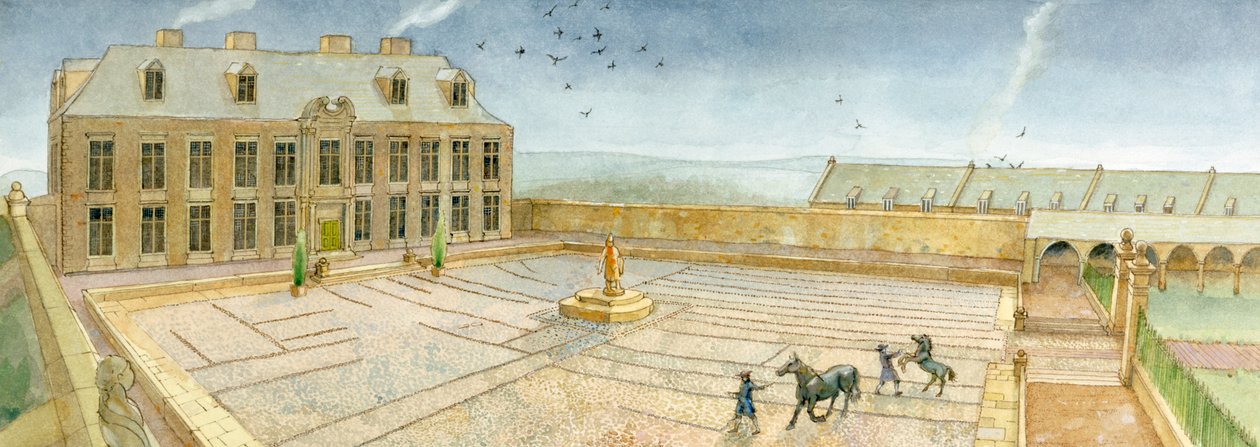 Das Cholmley-Herrenhaus Bankettsaal und Vorhof in Whitby Abbey im Jahr 1700 von Judith Dobie