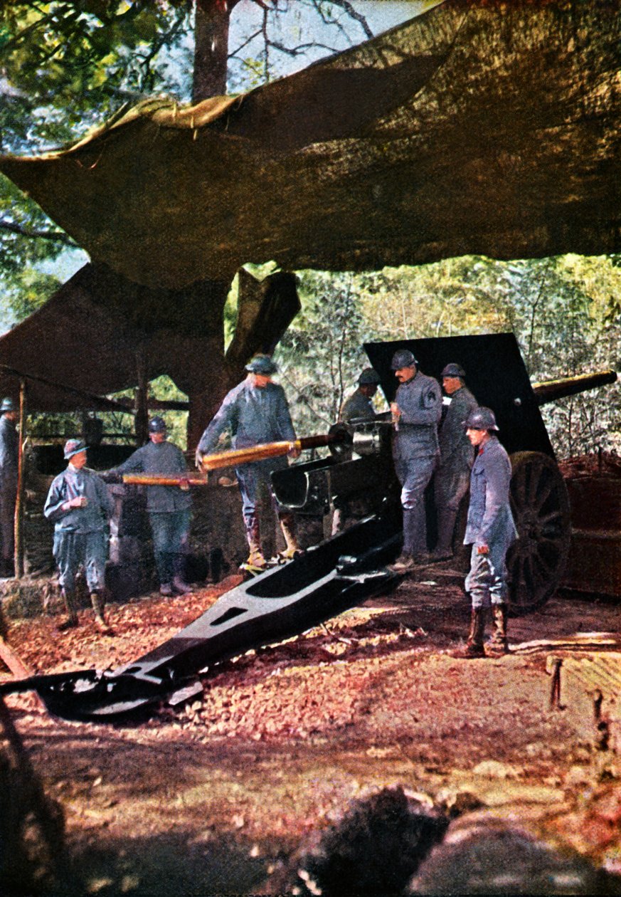Eine französische Batterie schwerer Geschütze unter Tarnnetz im Wald, Verdun, September 1916 (Autochrom) von Jules Gervais Courtellemont