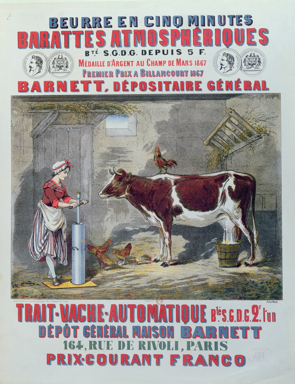 Werbung für den Atmosphärischen Butterfass und die automatische Melkmaschine, von Maison Barnett, Paris, ca. 1867 von Jules Gras