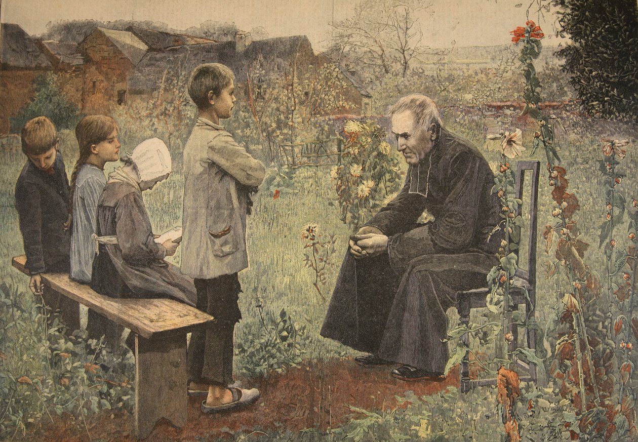 Priester unterrichtet Kinder im Katechismus, Illustration aus 