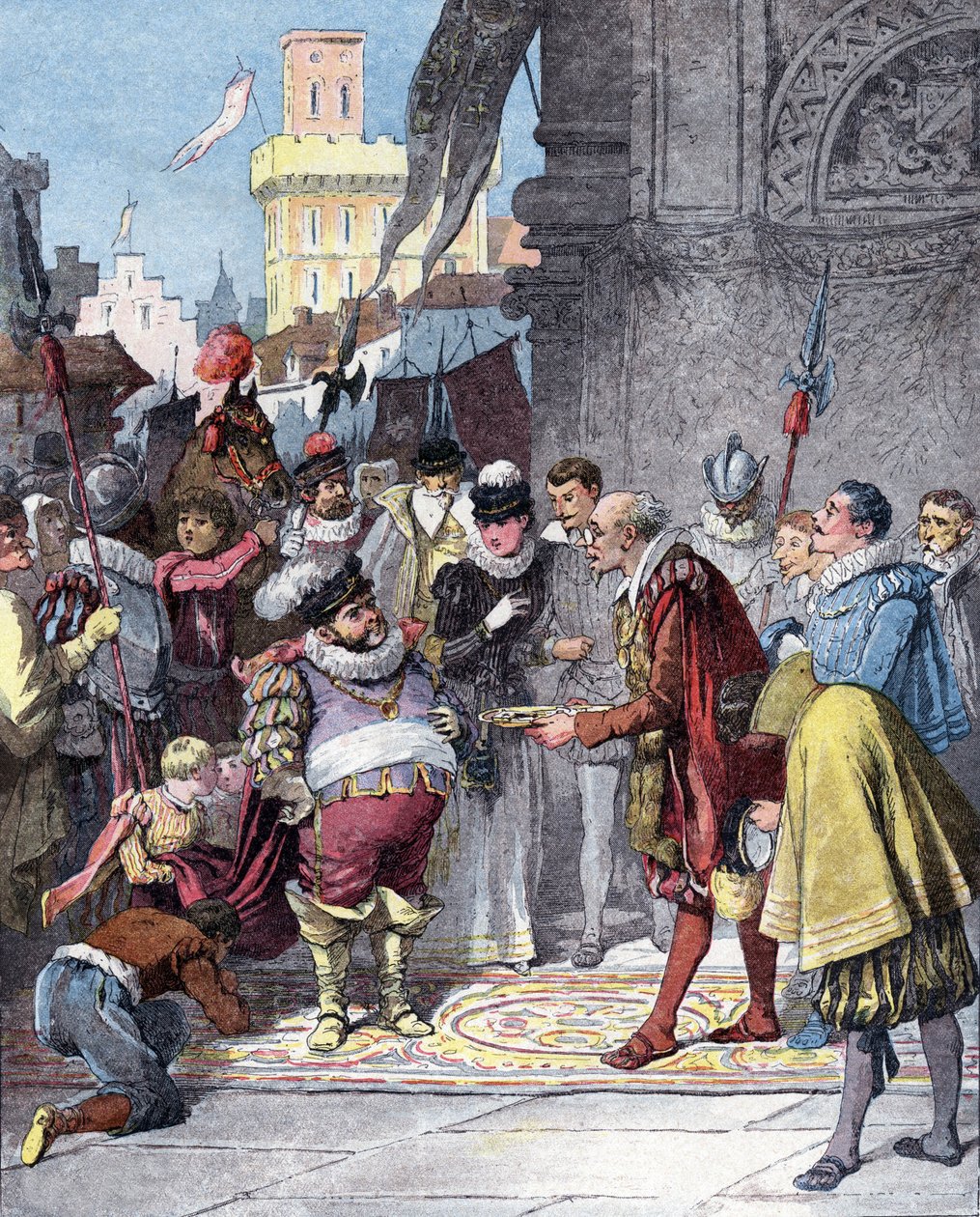 Sancho Panza als Gouverneur der Insel Barataria ernannt, Illustration aus dem Buch von Miguel de Cervantes "Histoire de Don Quichotte", Gravur nach Jules David von Jules (after) David