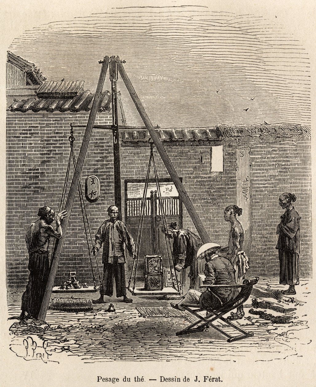 Das Wiegen des Tees vor seiner Expedition auf Handelsmärkten in einer Schießpulverfabrik in der Fati-Bucht (Provinz Kanton), graviert nach einer Zeichnung von J. Ferat zur Illustration der Reise nach China, von J. Thompson, 1870-1872, veröffentlicht in „Le von Jules (after) Ferat
