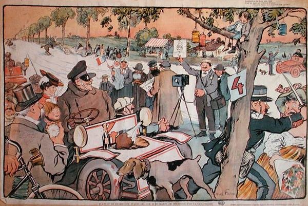 Karikatur von M. Fournier, der sich auf die Paris-Berlin-Rallye vorbereitet von Jules Abel Faivre