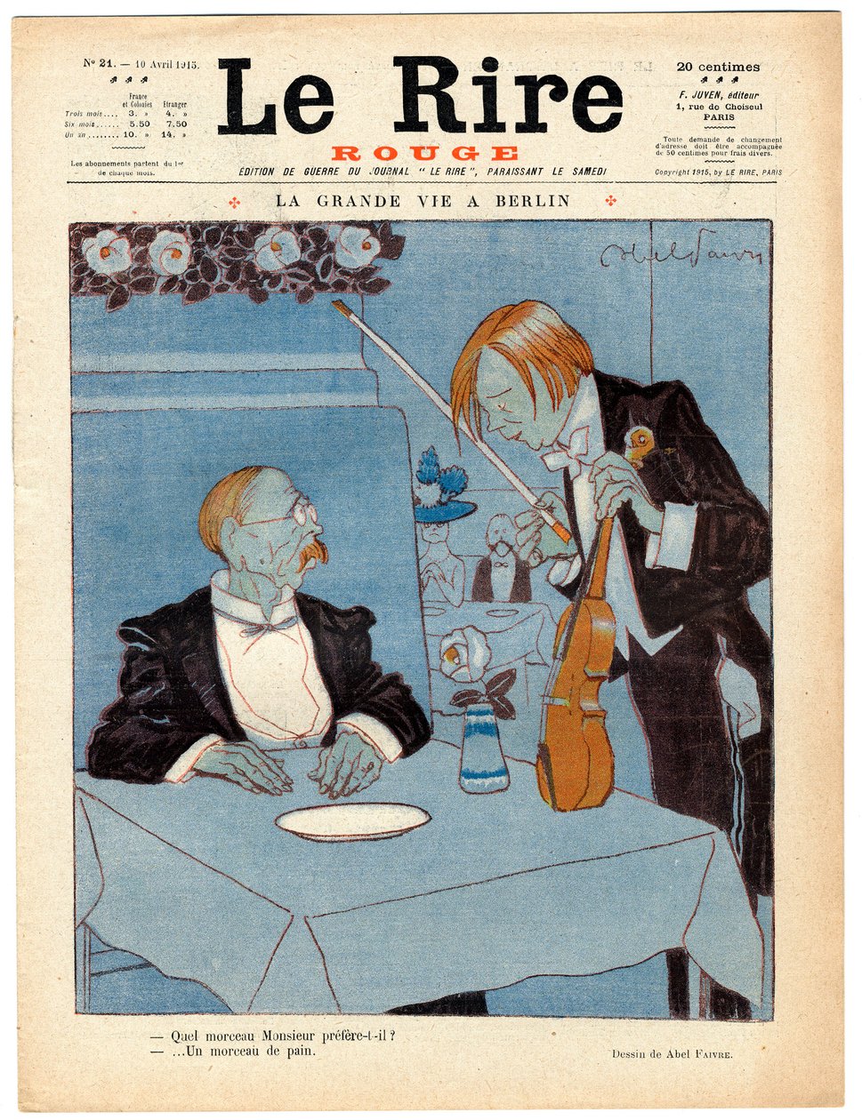 Cover von „Das Rote Lachen“, satirisch in Farben von Jules Abel Faivre