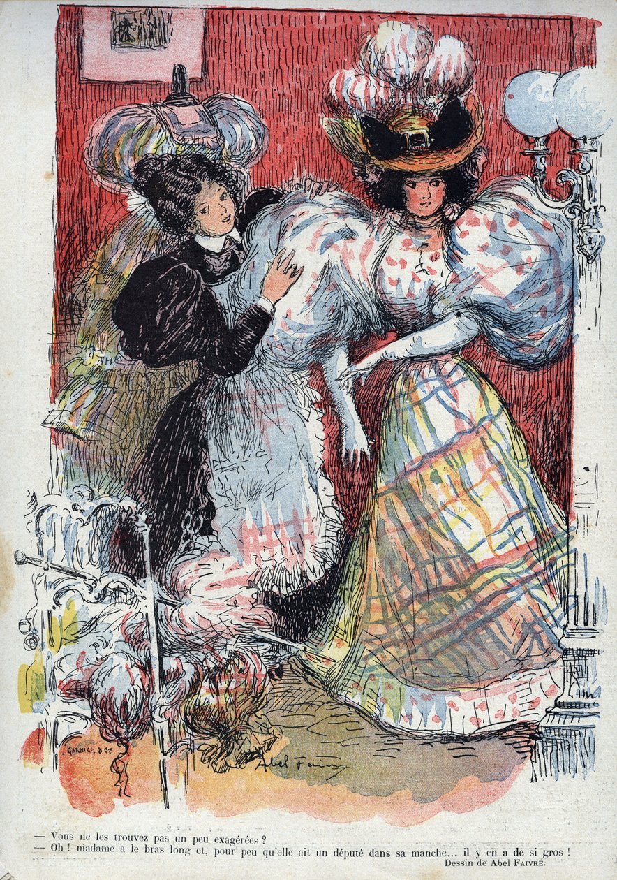 Findest du nicht, dass sie ein bisschen übertrieben sind? Humoristische Zeichnung von Abel Faivre (1867-1945). „Das Lachen“, Nr. 45 1895. - Eine Frau probiert ein neues Kleid mit zwei großen Ärmeln. Sie fragt um Rat von ihrem Begleiter. von Jules Abel Faivre