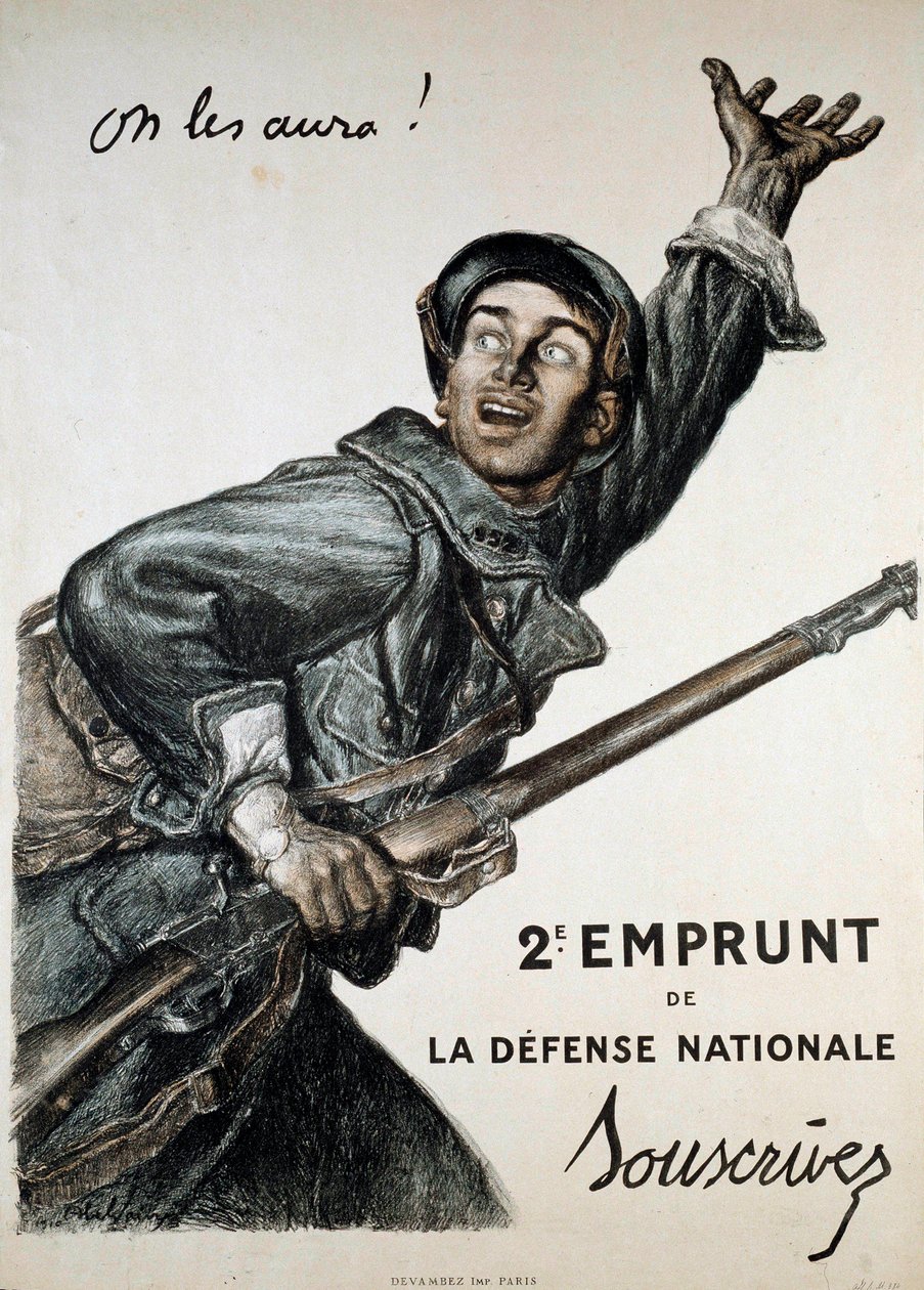 Erster Weltkrieg (1914-1918): Plakat von Abel Faivre für den Nationalkredit. Ein Soldat fordert die Öffentlichkeit auf, zu zeichnen „Wir werden sie kriegen!“ - 2. Kredit der Nationalen Verteidigung - Zeichnen von Jules Abel Faivre