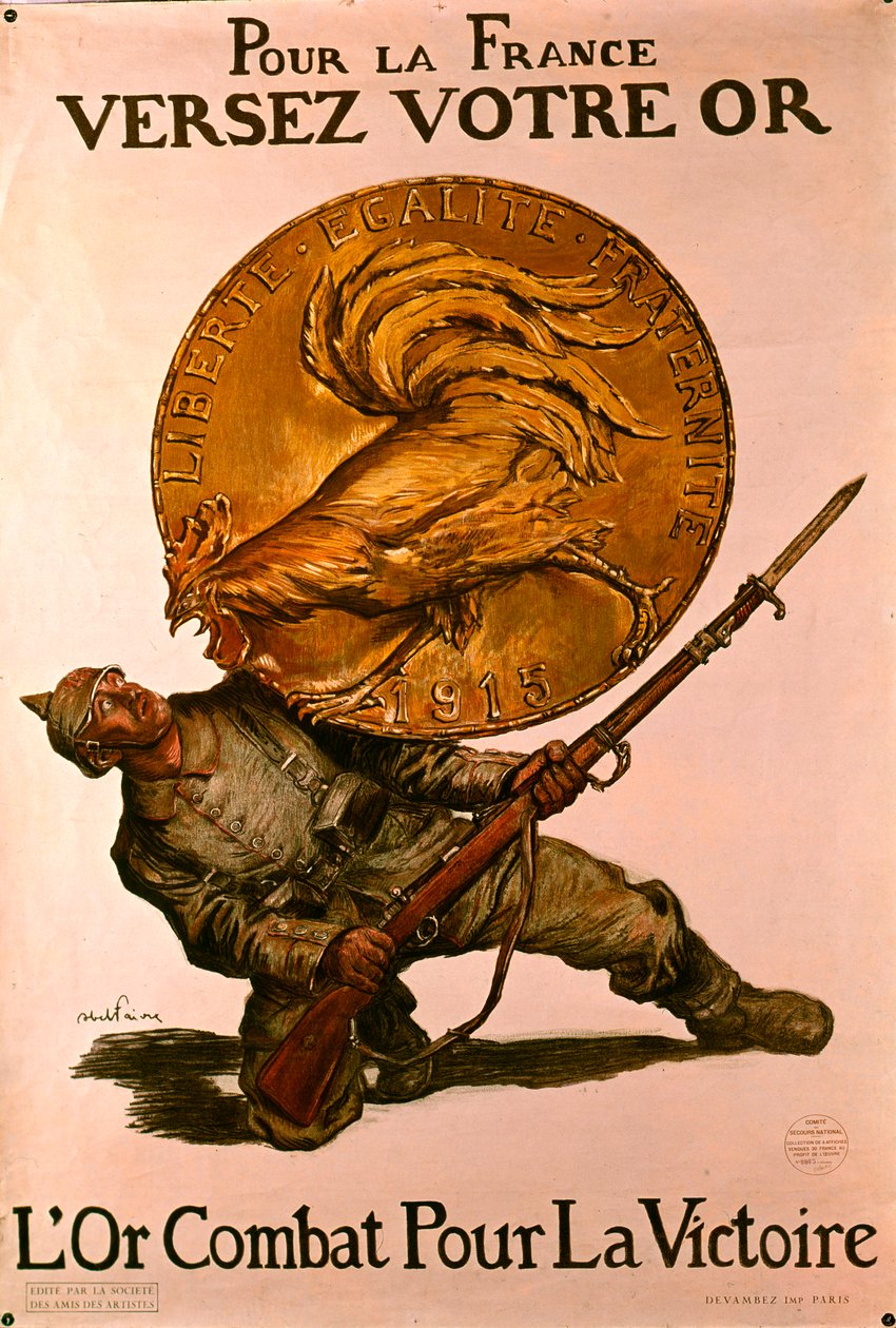 Französisches Plakat aus dem Ersten Weltkrieg, das die Menschen ermutigt, Geld bei Banken für den Kriegseinsatz einzuzahlen, 1915 von Jules Abel Faivre