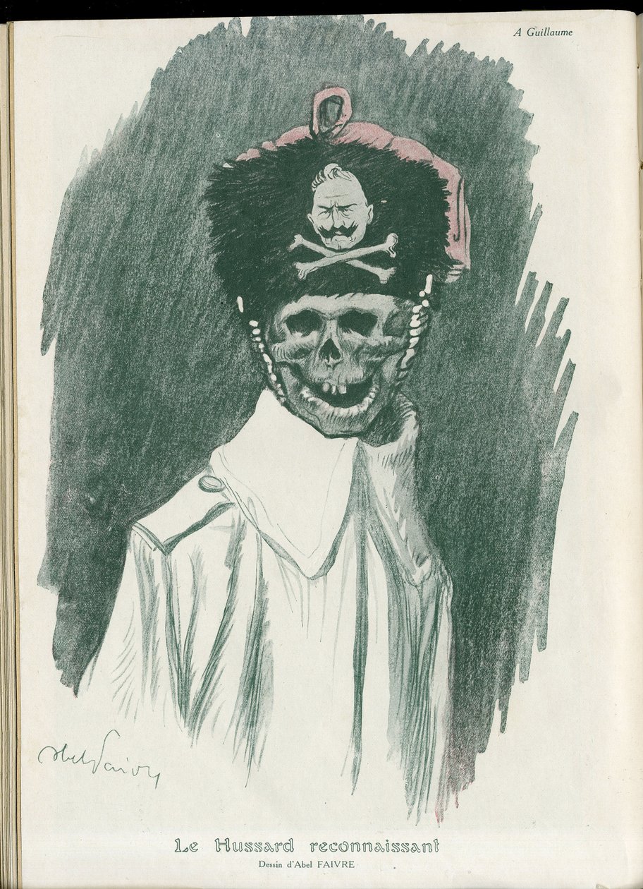 Illustration von Abel Faivre (1867-1945) in „Fantasio“, 01/05/15 - Der dankbare Husar - Krieg von 14-18, Deutschland Preußen - Wilhelm II., Schnitter/Kamerad - Tod, Lächelnde Gesichter von Jules Abel Faivre