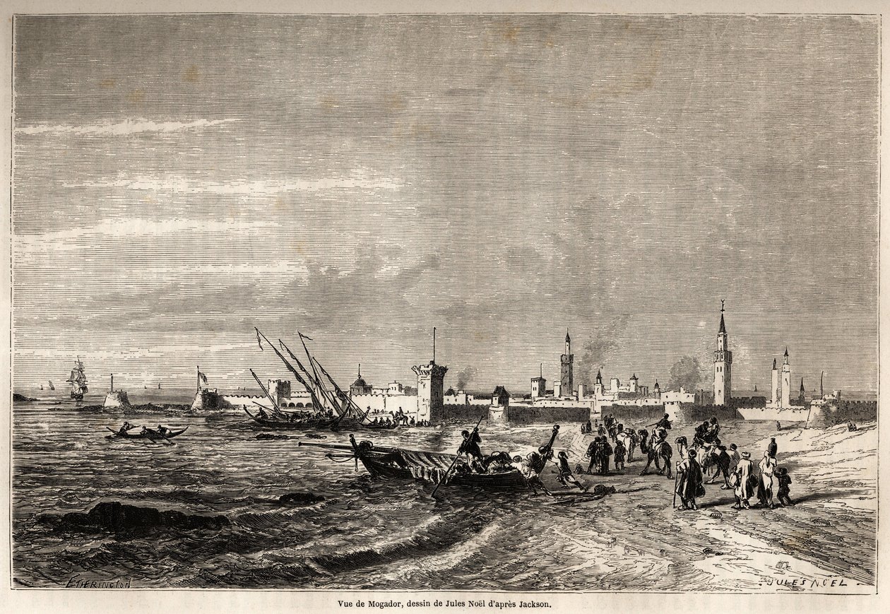 Ansicht von Essaouira (ehemals Mogador), Zeichnung von Jules Noel (1810-1881), zur Illustration der Reise von Herrn F. Schickler nach Marokko im Jahr 1860. Gravur in „Le tour du monde, nouveau journal des voyages“ Paris. von Jules Achille Noel