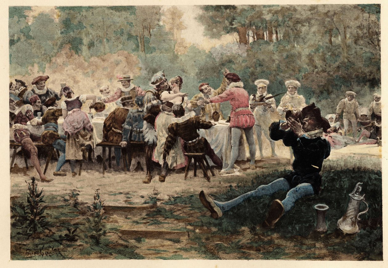 Bankett auf der Mardi Gras Party. Gargantua. Illustration von Jules Garnier. In „Rabelais et l