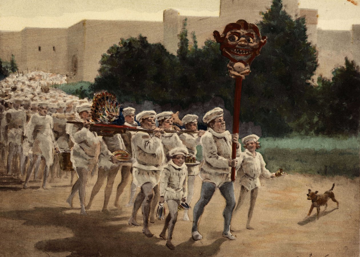 Gastrolater schreiten mit ihren Gaben zu ihrem Gott Gaster. An der Spitze des Zuges ein Mann mit einer Holzstatue namens Manduce auf einem Stock. Pantagruel. Illustration von Jules Garnier. In „Rabelais et l