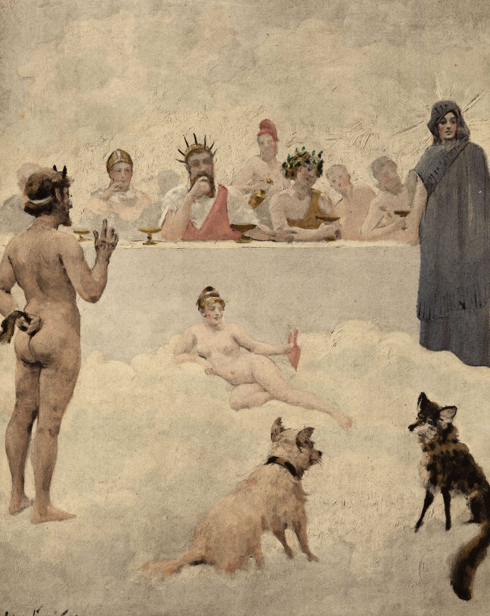 Der Gott der Gärten Priapus vor dem Rat der Götter. In der Mitte Jupiter. Zu seiner Linken Bacchus. Unten ein Hund und ein Fuchs. Illustration von Jules Garnier. In "Rabelais et l