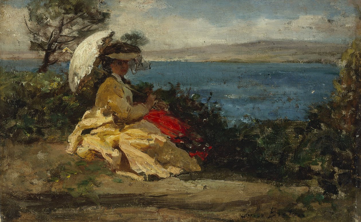 Frau mit Sonnenschirm, Douarnenez-Bucht, zwischen 1870 und 1875 von Jules Breton