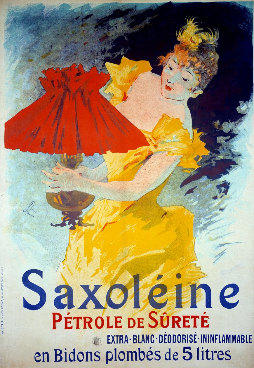 Werbeplakat für das Produkt „Saxoleine Petrole de surete“: Eine Frau füllt Öl in eine Lampe. Werbeplakat 