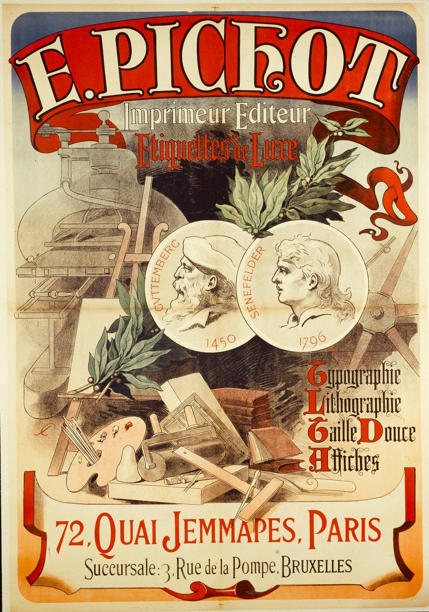 E.PICHOT/Drucker Herausgeber/ Luxus-Etiketten/ Typografie/ Lithografie/ Tiefdruck/ Plakate/ 72,QUAI JEMMAPES,PARIS von Jules Cheret