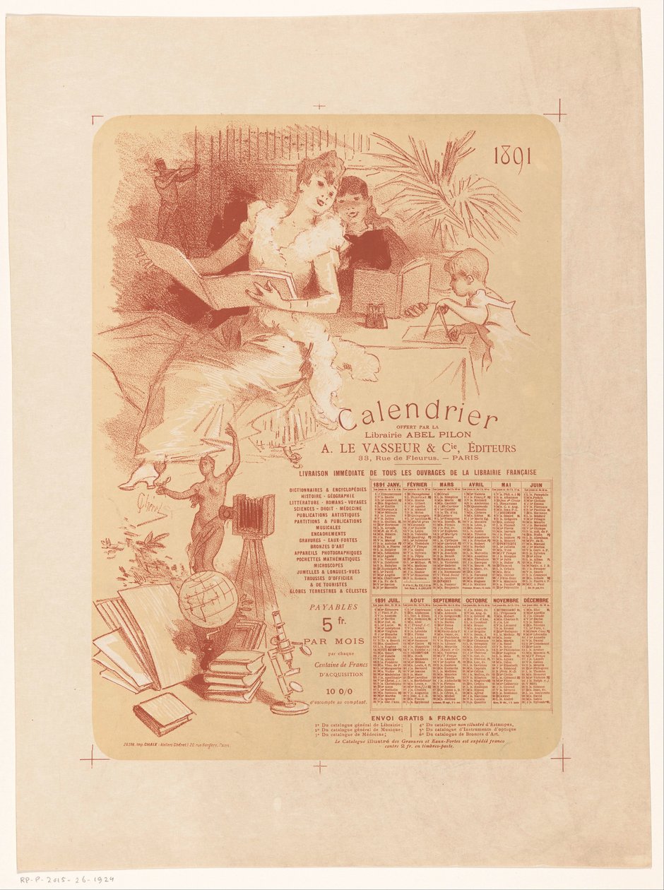 Kalender der Buchhandlung Abel Pilon und Verlag A. Le Vasseur & Cie für das Jahr 1891 von Jules Cheret