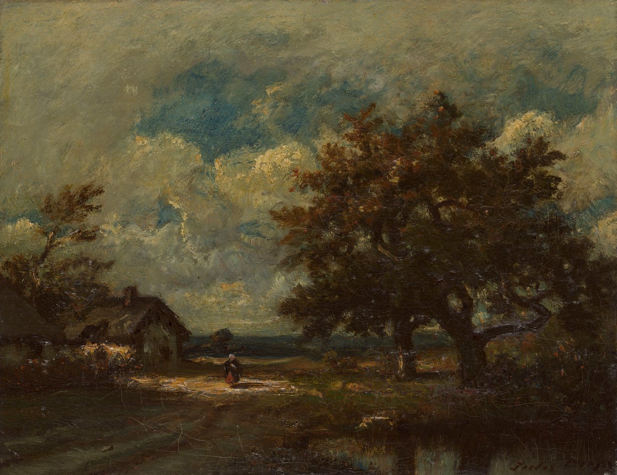 Das Häuschen am Straßenrand, stürmischer Himmel von Jules Dupré