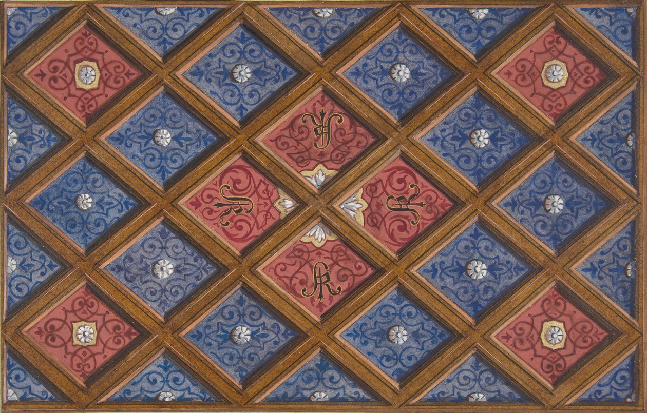 Entwurf für eine Kassettendecke mit gemalten Initialen: SRI von Jules Edmond Charles Lachaise and Eugène Pierre Gourdet