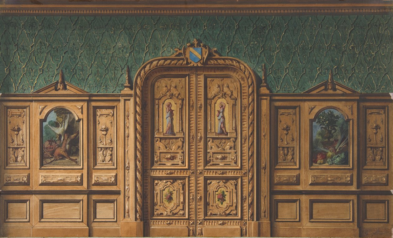 Entwurf für einen Raum mit Holzpaneelen und stark geschnitzter Doppeltür, 1830-97 von Jules Edmond Charles Lachaise and Eugène Pierre Gourdet