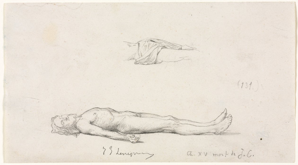 Skizze des toten Christus und Detailskizze des Lendentuchs von Jules Eugene Lenepveu