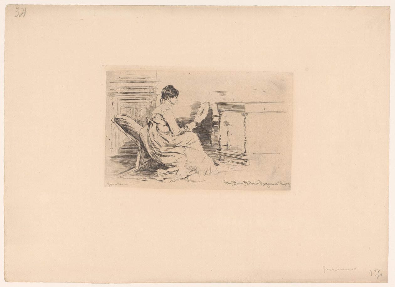 Frau mit Fächer auf niedrigem Stuhl von Jules Ferdinand Jacquemart (attributed to)