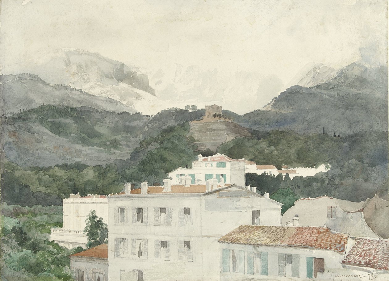 Landhäuser am Fuße der Berge, Hochgebirge in der Ferne, La Turbie von Jules Ferdinand Jacquemart