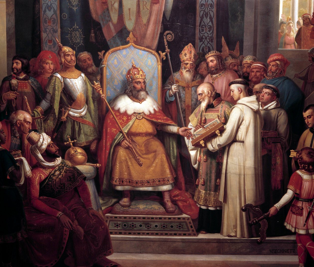 Karl der Große, umgeben von seinen Hauptoffizieren, empfängt Alkuin, der Manuskripte vorstellt, ein Werk seiner Mönche im Jahr 781. Detail des Gemäldes von Jules Laure (1806-1861). 1837. Dim. 0,67x1,07m Versailles, Schlösser von Versailles und Trianon von Jules Laure