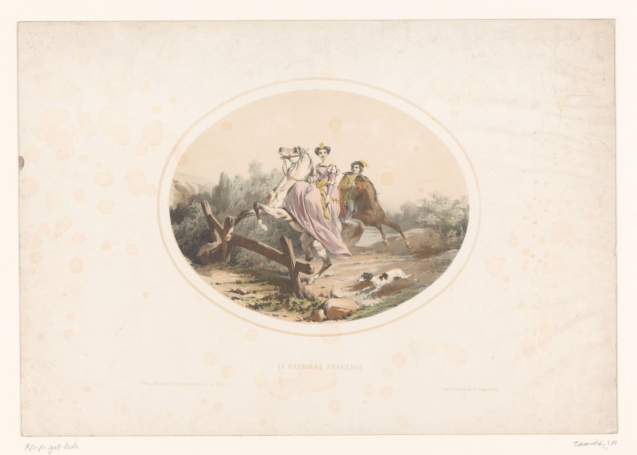 Edeldame springt mit Pferd über ein Hindernis von Jules Marie Desandre