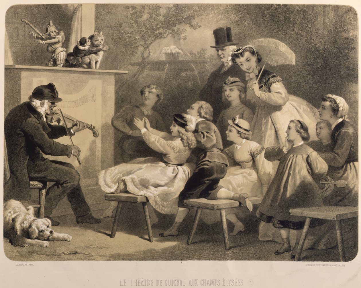 Das Theater Guignol, Champs-Elysees, graviert von Claude Regnier (tätig 1840-66) Bettanier und Morion von Jules Marie Desandre