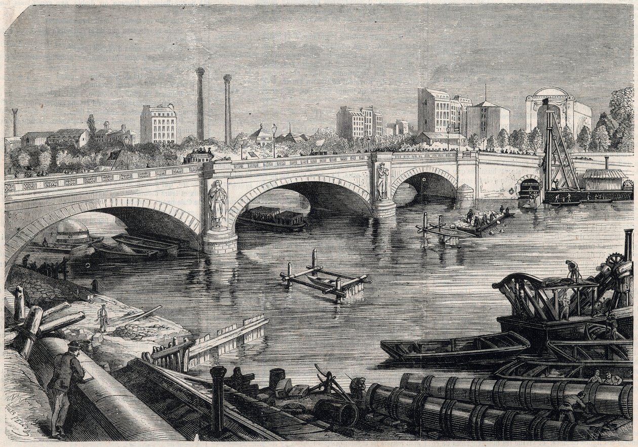 Transformationen von Paris unter dem Zweiten Kaiserreich, Haussmann-Paris: Arbeiten vor der Alma-Brücke in Paris für den Durchgang des Sammlers am Boden der Seine. Zeichnung von Jules Pelcoq. Gravur in „The Illustrious Universe“. von Jules Pelcoq