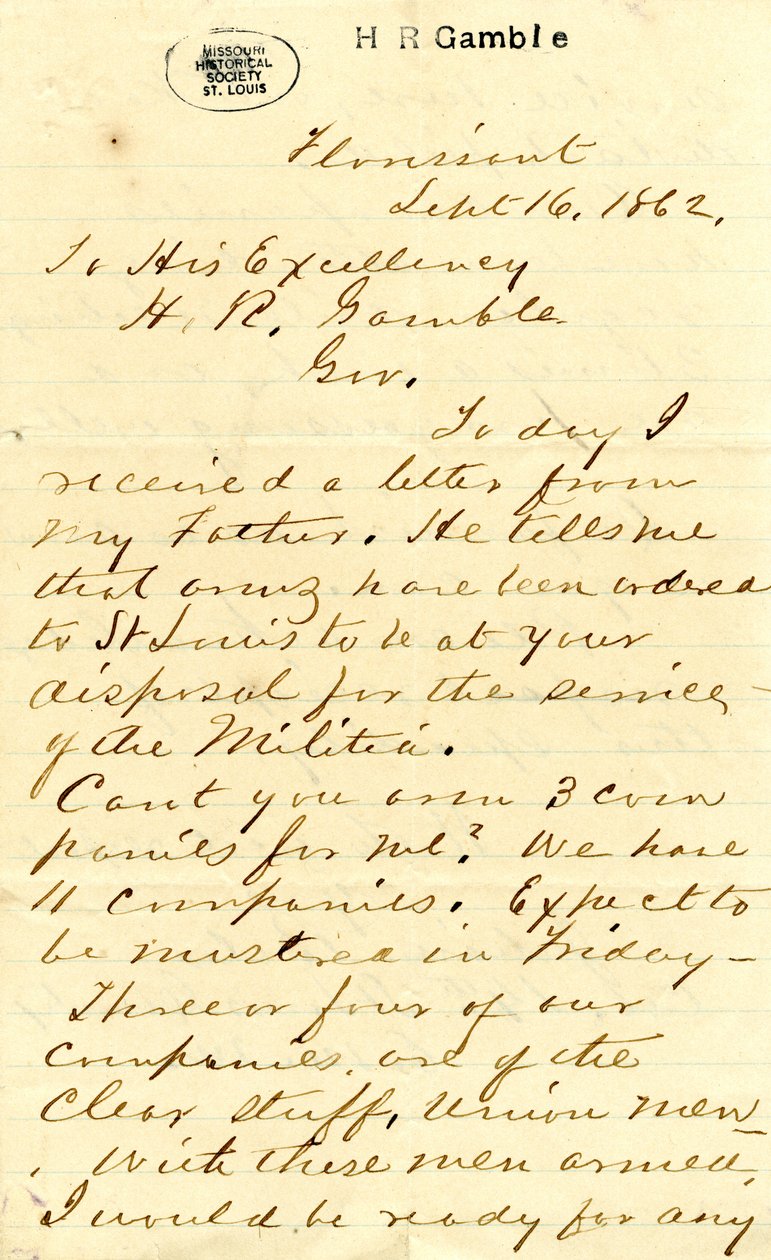 Brief unterzeichnet von Julian Bates, Florissant, an Seine Exzellenz H.R. Gamble, 16. September 1862 von Julian Bates