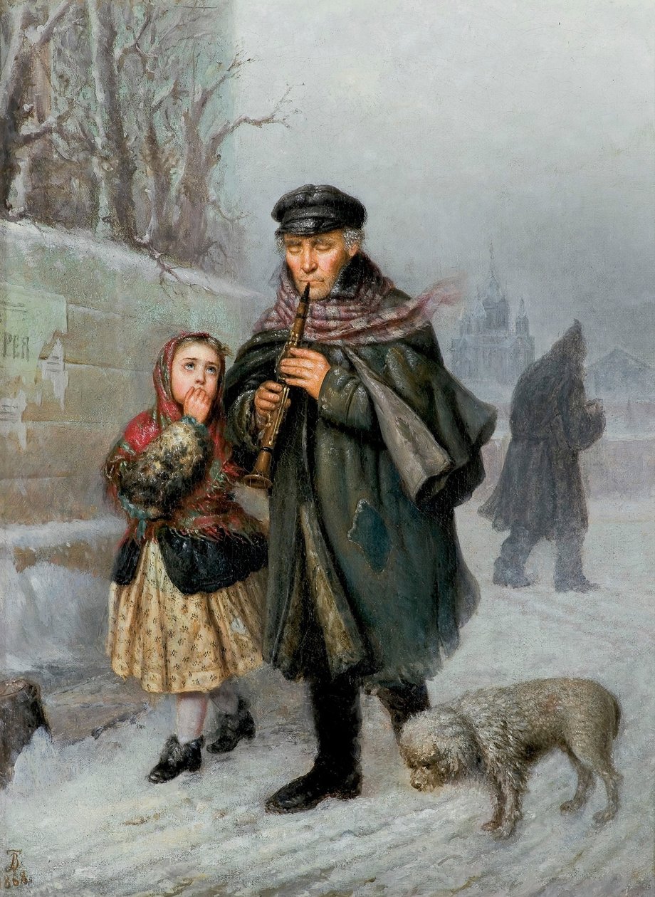 Klarinettist - Szene aus einer Straße in Petersburg (Bettler-Klarinettist mit Mädchen und Hund) von Julian Bończa Tomaszewski