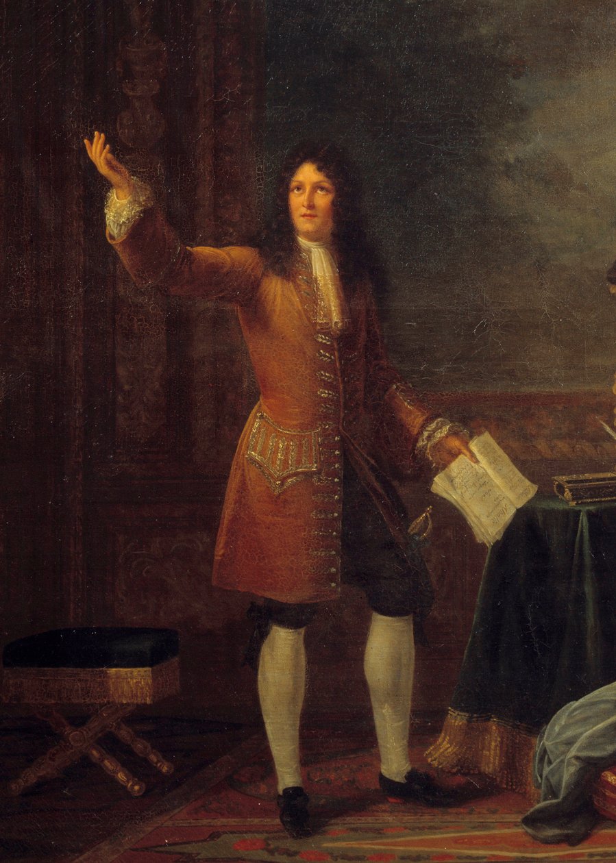 Jean Racine (1639-1699) liest sein Stück vor dem König von Frankreich. Detail des Gemäldes 