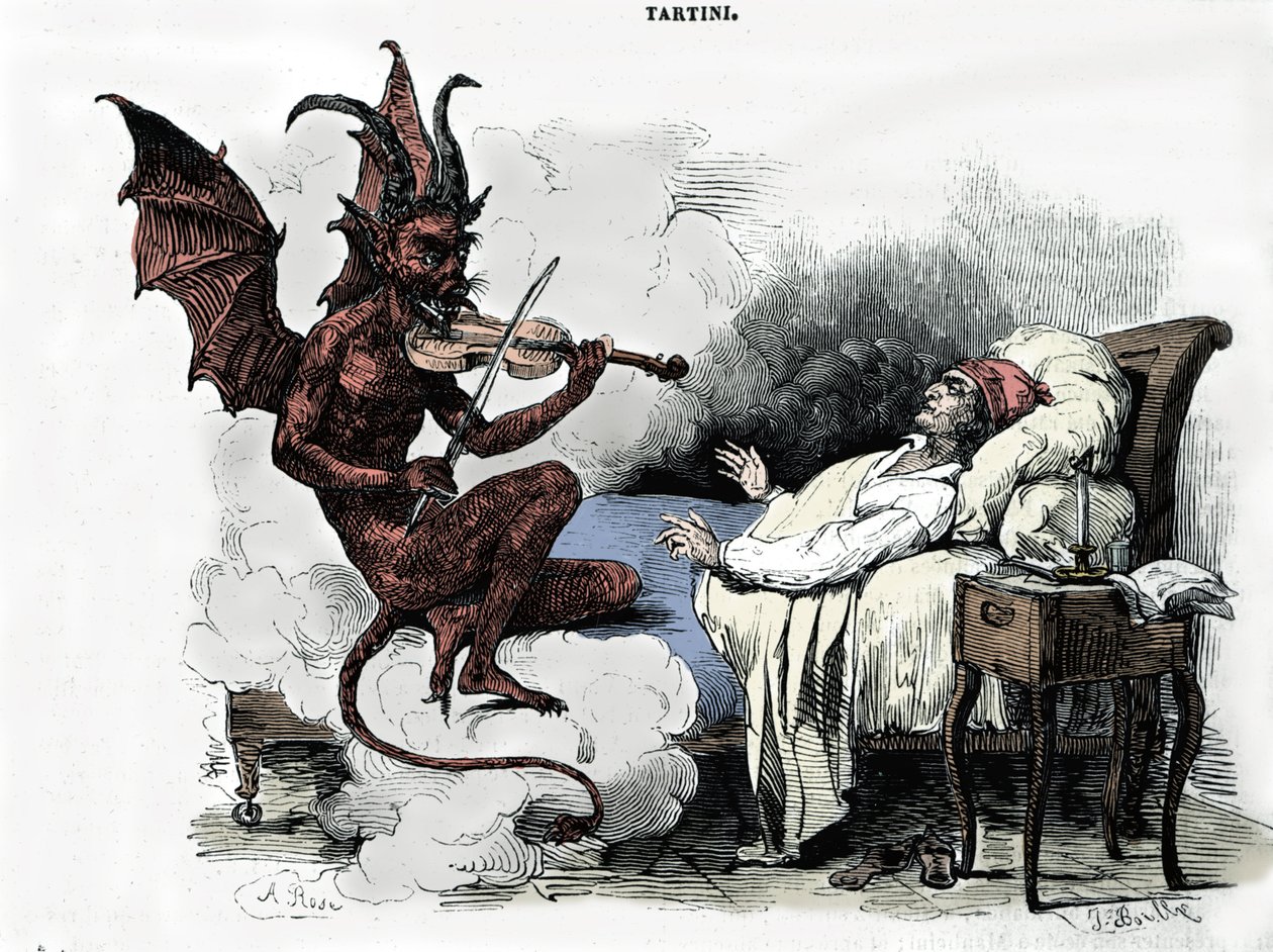 Der Traum des Komponisten Giuseppe Tartini (1692-1770): in seiner „Sonata des trilles du Diable“ (Sonate für Violine in g-Moll) träumt der Komponist, dass er einen Pakt mit dem Teufel schließt, ihm seine Geige anvertraut und der Teufel spielt. von Julien Leopold Boilly
