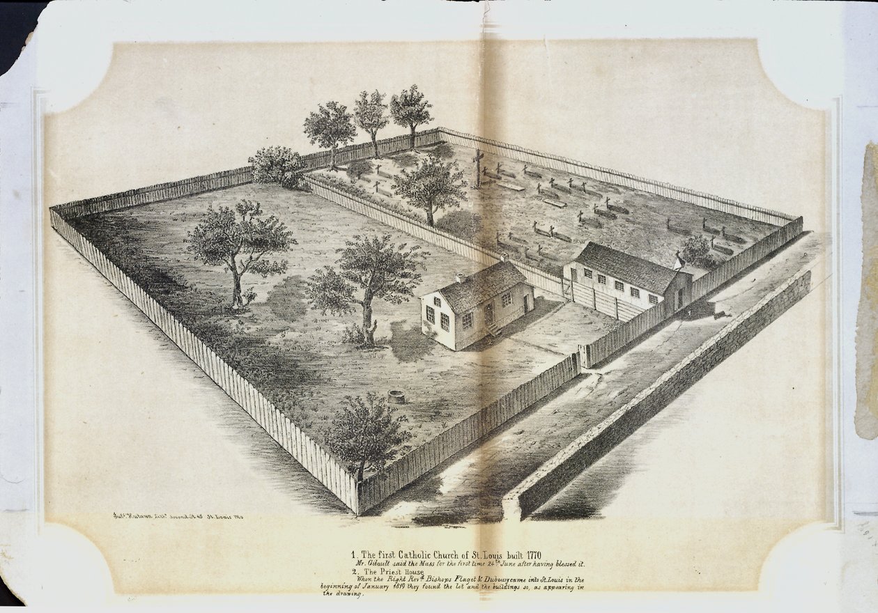 Die erste katholische Kirche in St. Louis, erbaut 1770. Herr Gibault hielt die erste Messe am 24. Juni nach der Segnung von Julius Hutawa Co.