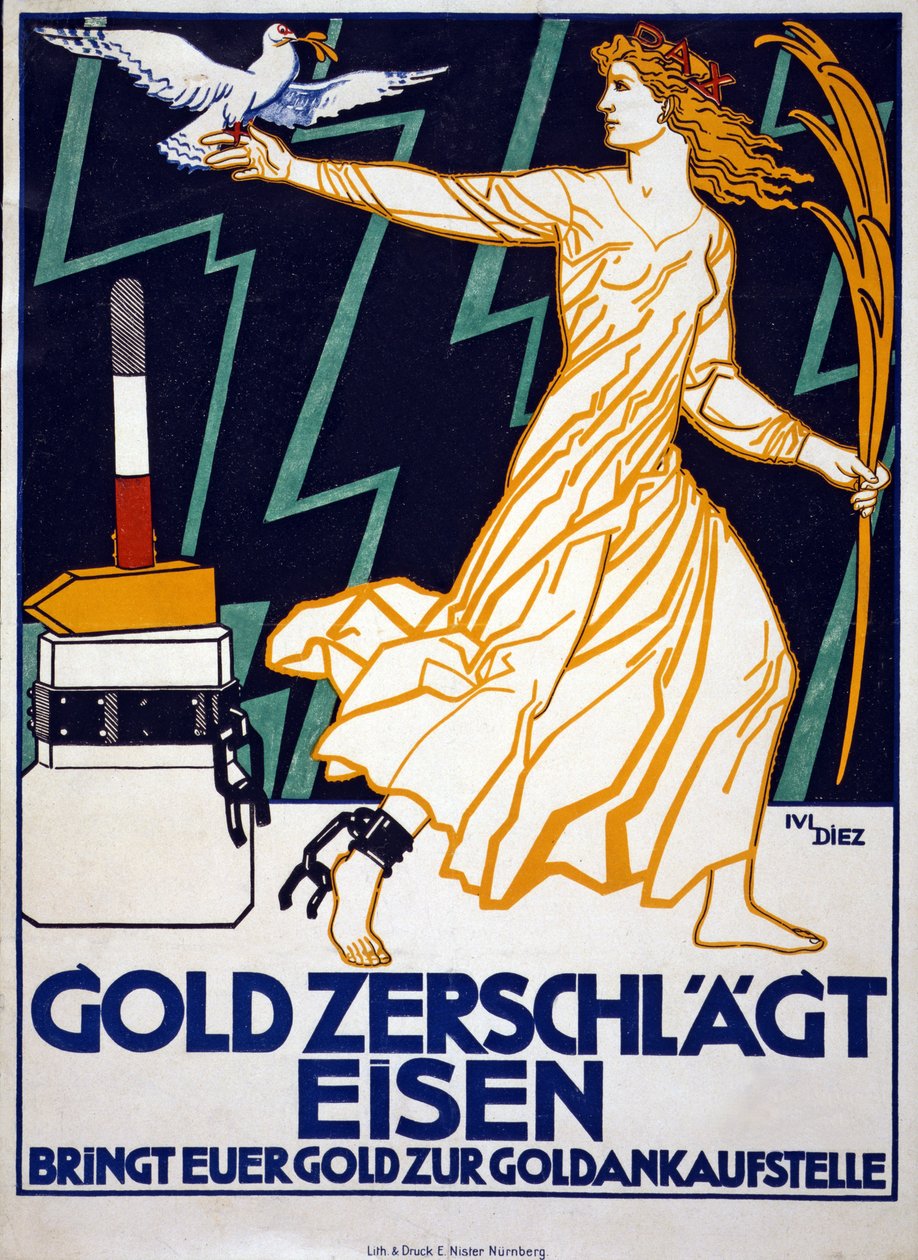 Deutsche WW1-Spendenkampagne "Gold zerschlägt Eisen. Bringt euer Geld zur Goldankaufstelle" von Julius Diez